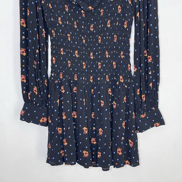 Free People Mini Dress Womens Size XS Black Two Faces Printed Long Bishop Sleeve - Picture 6 of 9